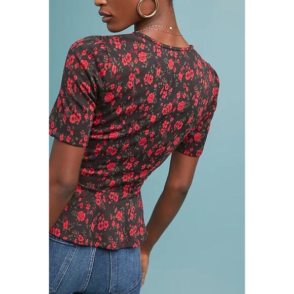 Anthro Meadow & Rue Heartland Floral Faux Wrap Peplum Top Size XS Black Red - Picture 2 of 12